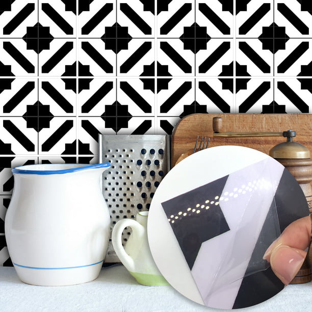 decalmile 20 Pcs Decorative Tile Stickers 6X6 Classic Black and White Moroccan Peel and Stick Self Adhesive Tile Backsplash Vinyl Kitchen Bathroom Furniture Stairs Home Decor 15X15cm 